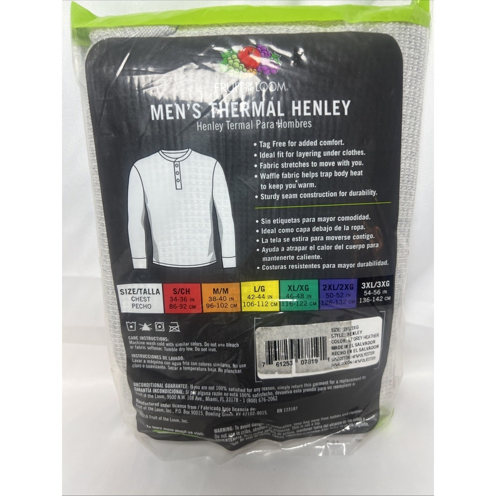 Fruit of the Loom Men's Size 2XL Light Heather Gray Thermal Henley Top NEW - Picture 3 of 4